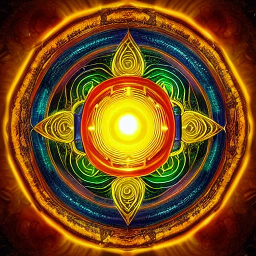 Image similar to rainbowcore, golden yinyang sign glowing, surrounded by lotus, with the sun shining with the moon, with detailed mandala filled with fractals, bioluminescence, glowing runes, de-noise, symmetrical composition, high detailed, super clear, ornate border, 32k immaculate scale, hyper-realistic, Unreal Engine, Octane Render, digital art, trending on Artstation, atmospheric, immaculate