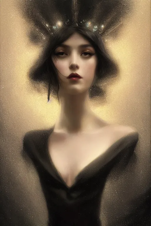 Image similar to Nocturne, glowing, stars, a long-legged elegant evil woman, long black hair, pearl amulet, highly detailed, mysterious, ethereal, dressed in black velvet, haute couture, illustration, dramatic lighting, soft details, painting, by Edmund Blair Leighton, Brom, Charlie Bowater, trending on artstation, faces by otto schmidt