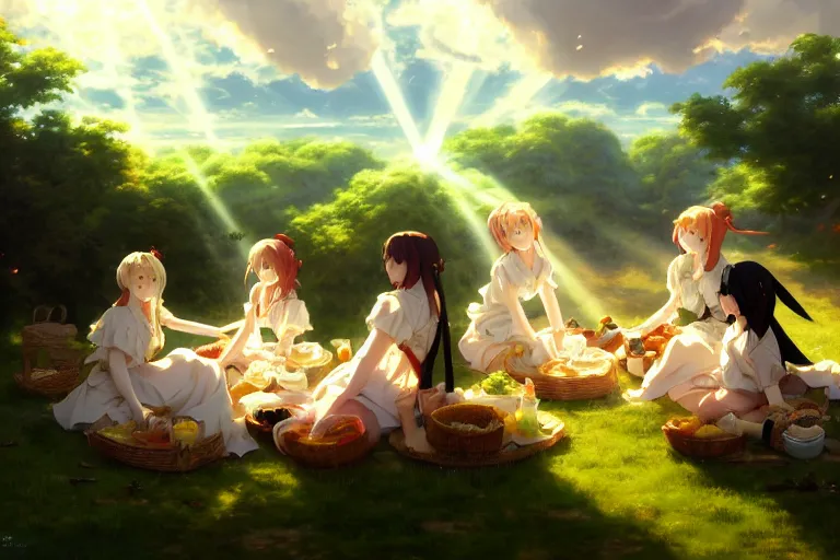 Prompt: baroque oil painting of anime key visual concept art of anime maids having a picnic in rolling green plains, sunrays breaking through clouds, grimdark steampunk high fantasy, trending on artstation, brush strokes, oil on canvas, style of makoto shinkai and greg rutkowski and studio ghibli