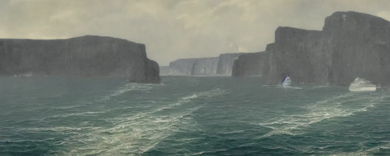 Image similar to cruise ship colossus near misty black cliffs over steamy water by Fernand Khnopff, matte painting