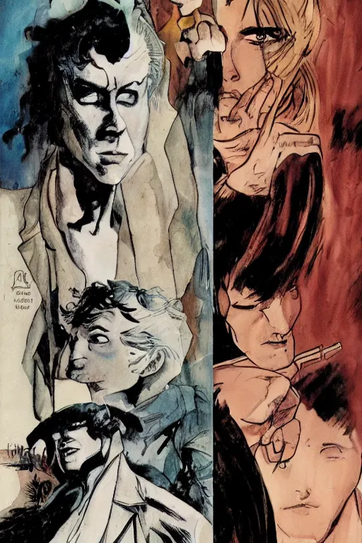 Image similar to dream from sandman comic book and corto maltese, staring at each other, close up, portraits, comic book cover
