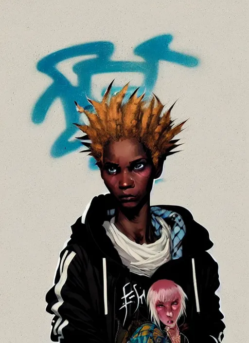 Image similar to highly detailed portrait of a sewer punk african lady, tartan hoody, white afro hair by atey ghailan, by greg rutkowski, by greg tocchini, by james gilleard, by joe fenton, by kaethe butcher, gradient cyan, brown, blonde cream and white color scheme, grunge aesthetic!!! ( ( graffiti tag wall background ) )