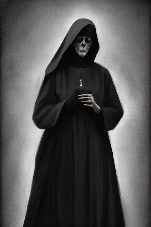 Prompt: portrait, digital painting, an evil nun, black habit, realistic, hyperdetailed, spooky, chiaroscuro, black background, concept art, art by grosz