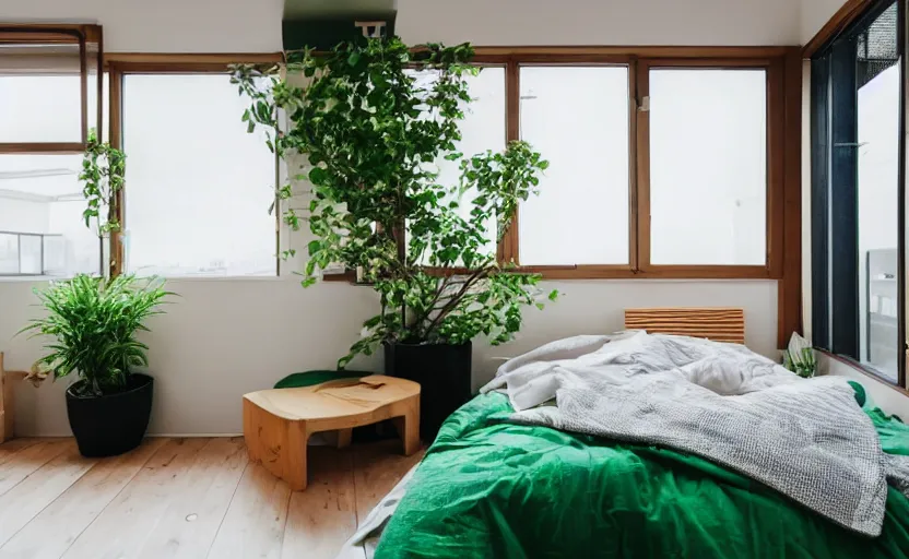 Image similar to a bright and cozy minimalist bedroom, white and pine wood, bed, cupboards, green potted plants, large window with a view of large concrete Japanese apartment blocks