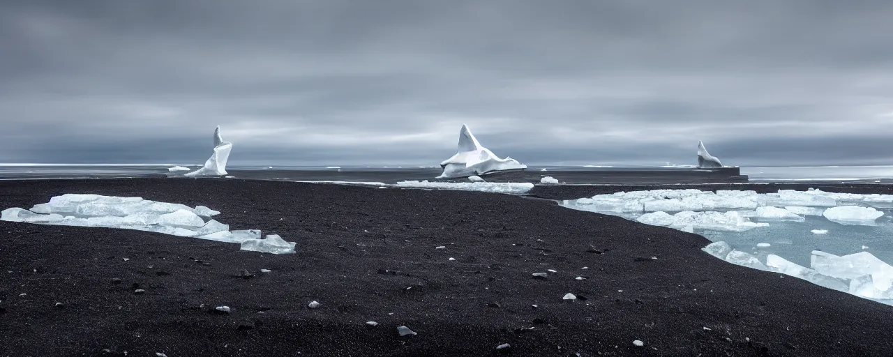 Prompt: cinematic shot of giant symmetrical futuristic military spacecraft landing on an endless black sand beach in iceland with icebergs in the distance, 2 8 mm, shockwave