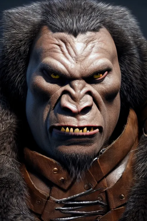 Image similar to A full body shot of a handsome orc looking into the camera wearing a leather fur jacket and leather boots, full body shot, detailed face, orc, portrait, artstation, realistic, highly detailed, symmetrical, D&D, Dungeons & Dragons, hyper realistic, dynamic pose, high detail, octane render, unreal engine, 8k, fantasy art, highly detailed, dramatic lighting, concept art