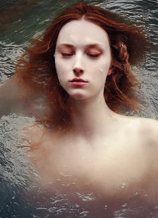 Image similar to Kodak Portra 400, 8K, soft light, volumetric lighting, highly detailed, britt marling style 3/4 , portrait photography portrait photography of a beautiful woman how pre-Raphaelites by Giovanni Gastel, photo portrait of a beautiful woman with her eyes closed,inspired by Ophelia Millais Paint , the face emerges from water of Pamukkale, underwater face, anatomical real full body dressed ethereal lace dress floating in water surface , the hair are intricate with highly detailed realistic beautiful brunches and flowers like crown, Realistic, Refined, Highly Detailed, outdoor soft pastel lighting colors scheme, outdoor fine art photography, Hyper realistic, photo realistic