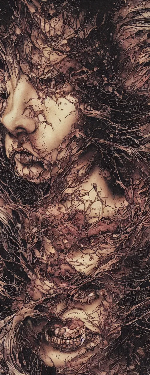 Image similar to closeup of face melting in agony, inside dark oil, frontal picture, by yoichi hatakenaka, masamune shirow, josan gonzales and dan mumford, ayami kojima, takato yamamoto, karol bak