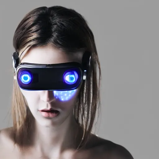 Prompt: photo of young woman, close up, wearing cyberpunk vr goggles, robotic implants over face with small led lights, white background, fine art photography in the style of Bill Henson