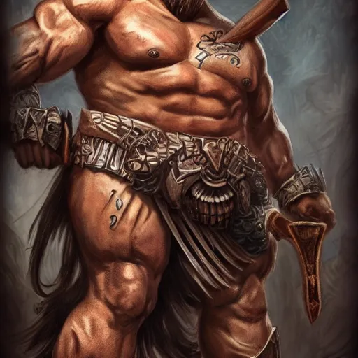 Prompt: goliath barbarian, with a two handed axe, tribal tattoos, very muscular, large fists, fantasy, d & d, intricate, detailed 4 k, trending on artstation, smooth, sharp focus