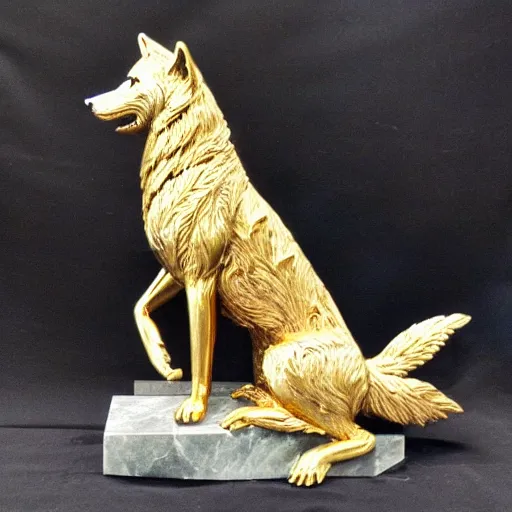 Image similar to gorgeous wolf statue with gold filigree, carved marble