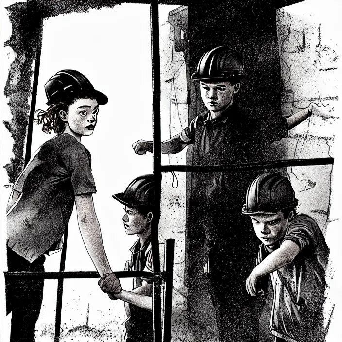 Image similar to sadie sink in dirty workmen clothes waves goodbye to workmen. near a gate. background : factory, dirty, polluted. technique : black and white pencil and ink. by gabriel hardman, joe alves, chris bonura. cinematic atmosphere, detailed and intricate, perfect anatomy