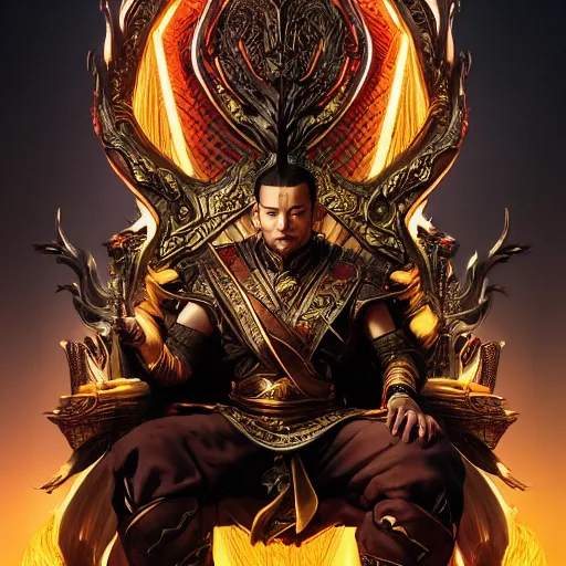 Prompt: A stunning comic book style portrait painting of a dragon emperor sitting on his throne, in the style of WLOP, 8k masterpiece, cinematic lighting, dynamic lighting, pristine and clean design, high fantasy, CGSociety, insanely detailed, atmospheric, matte painging,