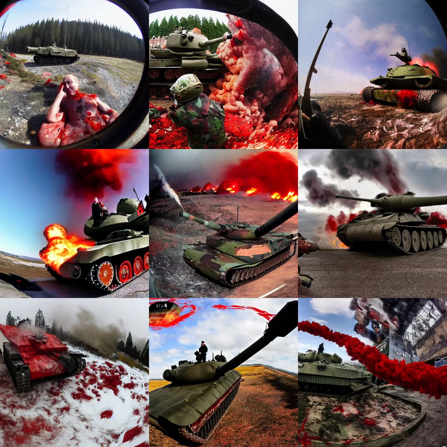 Prompt: fisheye lens photo of putin getting mangled by a tank, blood and bone, red meat shreds