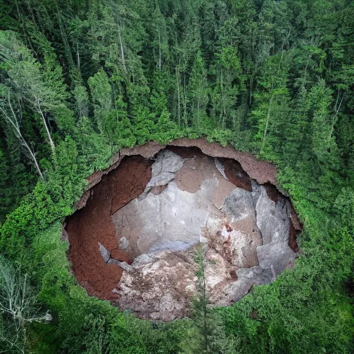 Prompt: a large sinkhole in the middle of a forest, aerial view, creepy