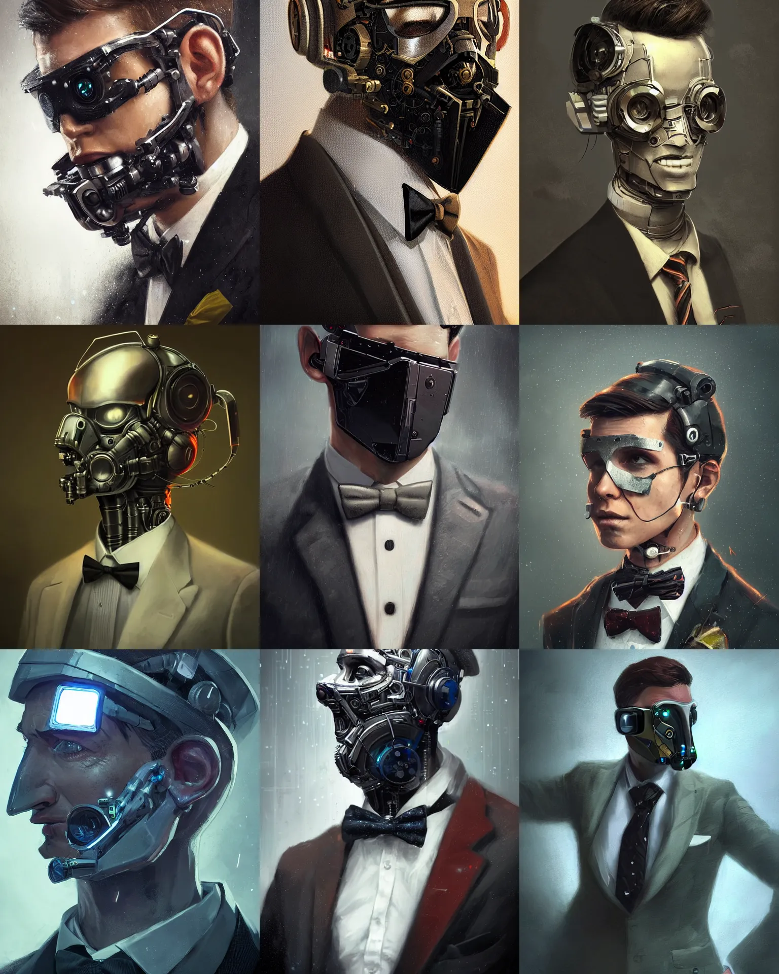 Prompt: a clever young engineer man with cybernetic enhancements wearing a suit and bowtie, detailed mask, scifi character portrait by greg rutkowski, esuthio, craig mullins, 1 / 4 headshot, cinematic lighting, dystopian scifi gear, gloomy, profile picture, mechanical, half robot, implants, steampunk