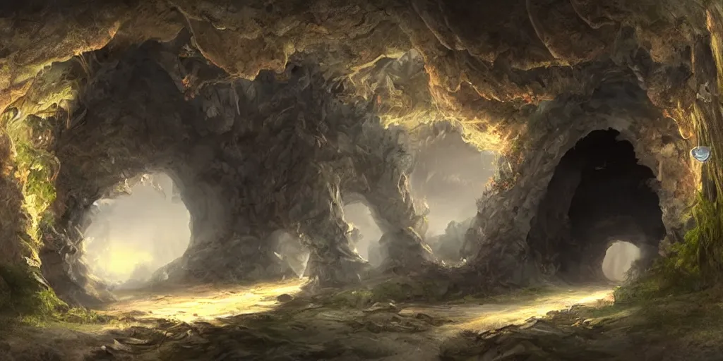 Image similar to beautiful matte painting of a fantasy cave entrance