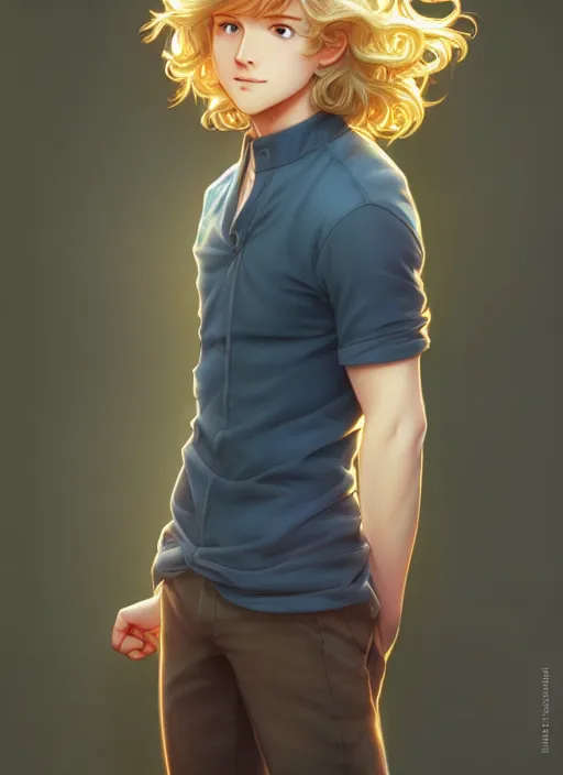 Image similar to young man with medium - length, curly, golden hair, perfectly proportioned face, aquamarine eyes, sweet smile, natural lighting, path traced, highly detailed, high quality, cartoon, digital painting, by new haicheng and ross tran and studio ghibli and alphonse mucha