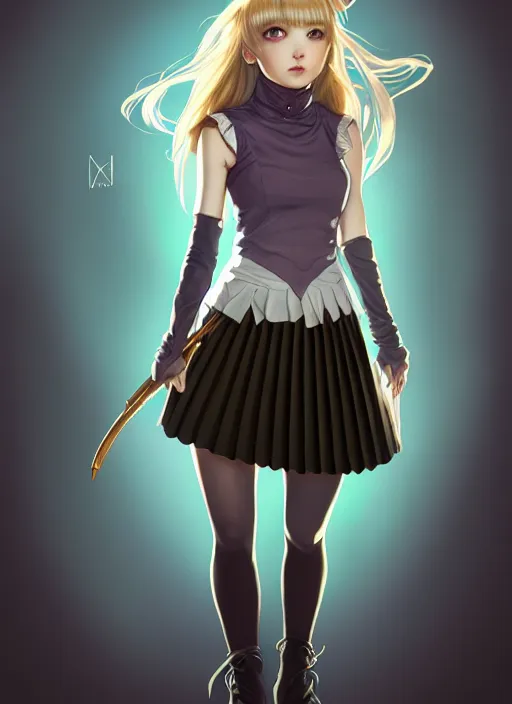 Image similar to portrait of a full body of beautiful young female detective, d & d, sleeveless turtleneck, pleated skirt, fantasy, flat lighting, intricate, highly detailed, digital painting, artstation, concept art, smooth, sharp focus, illustration, misa amane, art by simon bisley and greg rutkowski and alphonse mucha, natural tpose