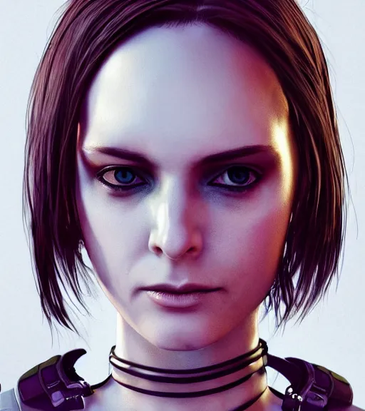 Image similar to detailed realistic female character cyberpunk wearing thick technological collar around neck, realistic, art, beautiful, 4K, collar, choker, collar around neck, punk, artstation, detailed, female, woman, choker, cyberpunk, neon, punk, collar, choker, collar around neck, thick collar, tight around neck, punk,