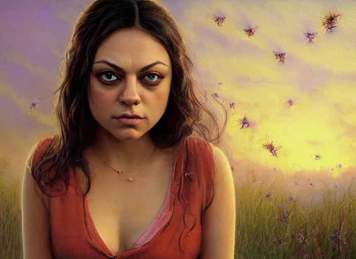 Image similar to big-eyed surprised Mila Kunis staring intensely into the camera, sundown golden hour firefly wisps, Lilia Alvarado, Sophie Anderson, Mark Arian, Bob Byerley, Charlie Bowater, Mark Brooks, Steve Henderson, Justin Gerard, Arthur Hughes, Edward Robert Hughes, Mark Keathley, Victor Nizovtsev, Carlos Shwabe, Ross Tran, WLOP