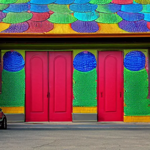 Prompt: The exterior of the house is covered in colorful scales, inspired by a dragon. The windows are large and oval-shaped, like a dragon's eyes. There are two big doors that resemble a dragon's mouth, flanked by two columns that look like horns. photo.