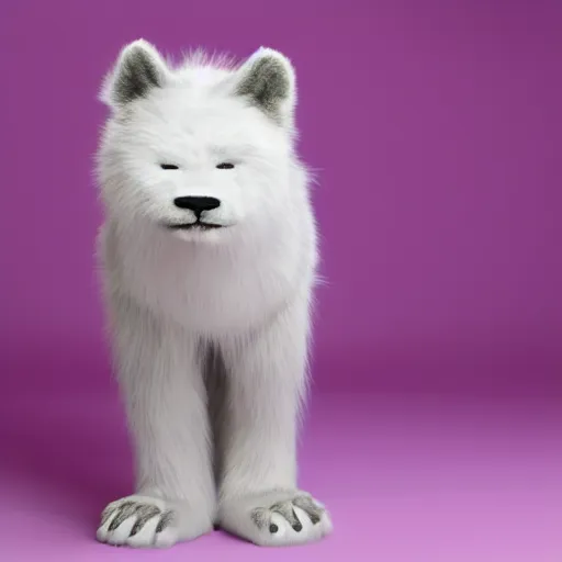 Image similar to a photo of a white fur monster standing in a purple room