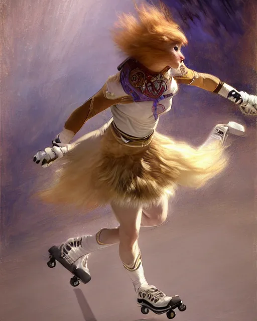 Prompt: white female anthro wolf skating at a roller derby, 4 k, trending on artstation, very expressive detailed face, energetic, action, motion blur, by gaston bussiere, craig mullins, j. c. leyendecker, gustav klimt, artgerm, greg rutkowski, alphonse mucha