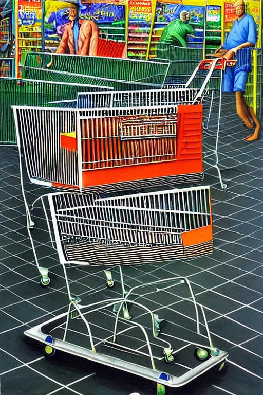 Image similar to a hyperrealistic detailed painting of a creature made of shopping carts at the super market by chris cunningham and richard corben, highly detailed, vivid color,