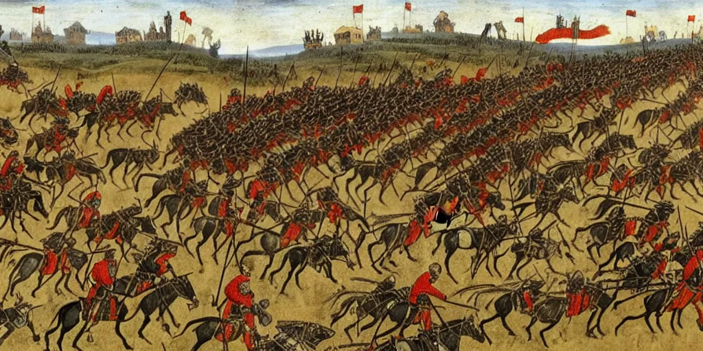 Image similar to medieval battlefield filled with cavalry fleeing from monster trucks