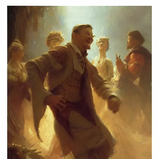 Image similar to an elated renaissance chancellor, dancing a jig, character portrait by greg rutkowski, gaston bussiere, craig mullins
