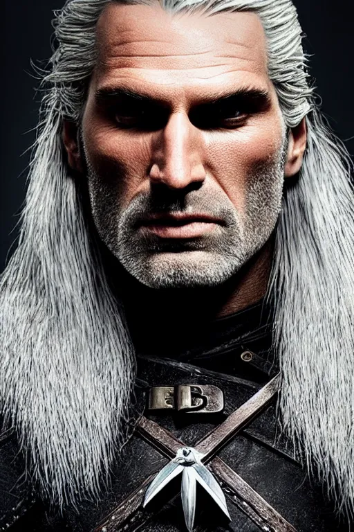 Prompt: portrait of geralt of rivia, 5 5 mm lens, professional photograph, times magazine, serious, stern look, zoomed out