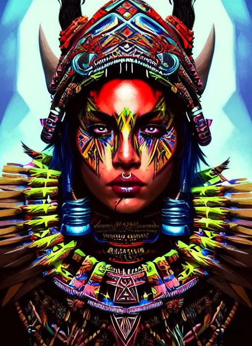 Image similar to portrait of jensen ackle, hyper detailed ultra sharp aztec shaman warrior. trending on artstation, warpaint aesthetic, bloodwave, colorful, psychedelic, ornate, intricate, digital painting, concept art, smooth, sharp focus, illustration, art by artgerm and greg rutkowski and h. r. giger, 8 k