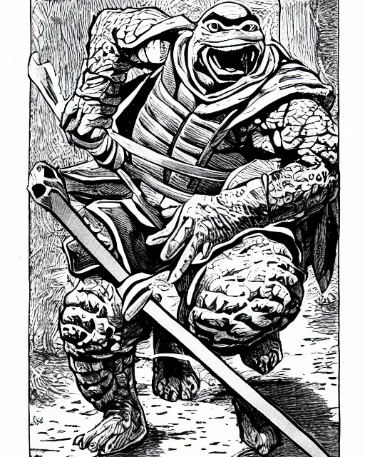 Prompt: Raphael the Ninja Turtle from the Dungeons and Dragons Monster Manual, line art illustration, 1981, high detail