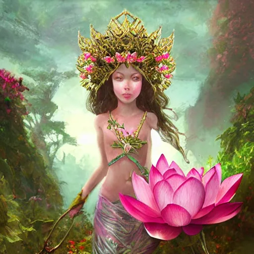 Image similar to Lotus floral crown girl, pink Lotus queen, epic fantasy style art by Craig Mullins, fantasy epic digital art