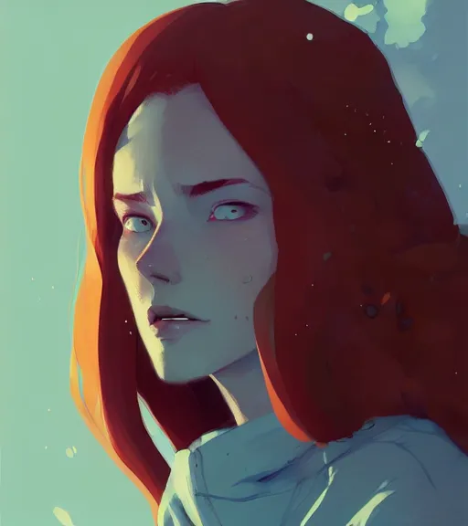 Image similar to portrait of a female mage, red hair, by atey ghailan, by greg rutkowski, by greg tocchini, by james gilleard, by joe fenton, by kaethe butcher, dynamic lighting, gradient light blue, brown, blonde cream and white color scheme, grunge aesthetic