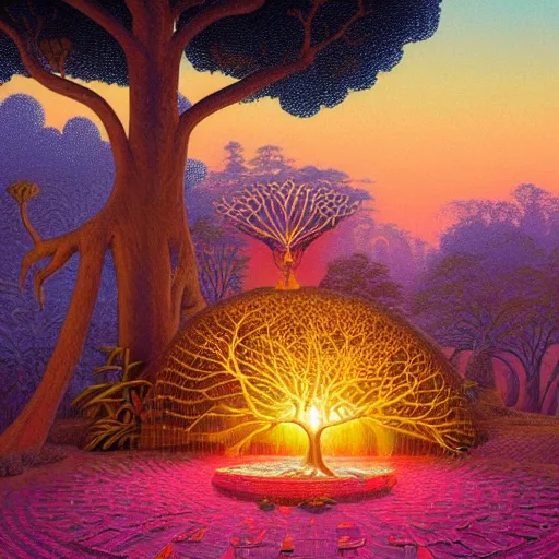 Prompt: an aftican queen with a pink glow meditating in an african zen garden with a baobab tree at sunset, by dan mumford and thomas kinkade and thomas blackshear, all made of yarn
