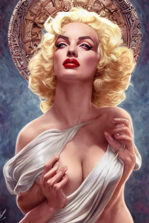 Image similar to ultra realistic illustration, a stunningly beautiful greek goddess of chaos played by marilyn monroe and christina hendricks and margot robbie and taylor swift and megan fox and emma stone and britney spears, intricate, elegant, highly detailed, digital painting, artstation, concept art, smooth, sharp focus, illustration, art by artgerm and greg rutkowski and alphonse mucha