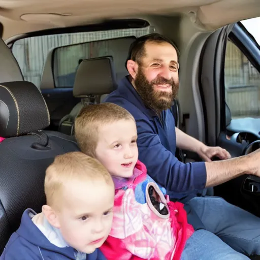 Image similar to a jewish man driving his kids home in the suv