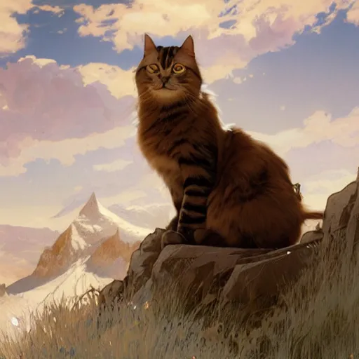 Image similar to Concept art, A shiny Ragdoll cat sitting by snow mountains, 8k, alphonse mucha, james gurney, greg rutkowski, john howe, artstation