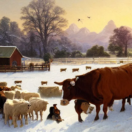 Image similar to an extremely detailed matte painting of a rancher feeding the animals at sunrise, tall rancher wearing a cowboy hat, dogs, cows, sheep, chickens, ducks, 4 k, ranch the morning after a light snowfall, by bob ross and norman rockwell and albert bierstadt