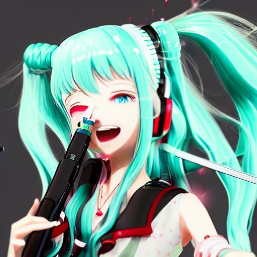 Prompt: hatsune miku smoking weed with a vape pen, smoke coming out of her mouth, bloodshot eyes, artstation, 4 k