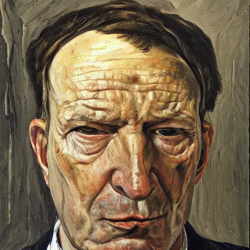 Image similar to Oil painting Portrait of a sad Man, by Lucian Freud, Abstract brush strokes, Masterpiece