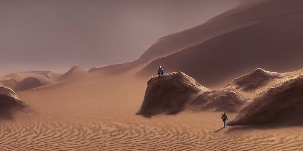 Image similar to dune the movie, ornithopter in the desert surrounded by sand dunes, greg rutkowski, 8 k, shallow depth of field, intricate detail, concept art,