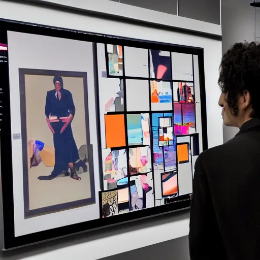 Prompt: art curator looking at a screen with a chat interface, recursive, in the style of grand chamaco and stanley kubrick, inspired by y - 3, photorealistic, epic, super technical, cinematic still