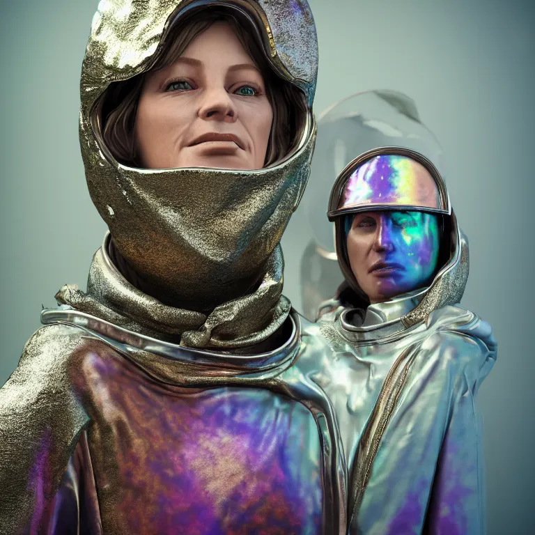 Image similar to octane render portrait by wayne barlow and carlo crivelli and glenn fabry, subject is a woman covered in tie - dye aluminum foil space suit with a iridescent metallic space helmet, inside a dark gothic rococo palace, cinema 4 d, ray traced lighting, very short depth of field, bokeh