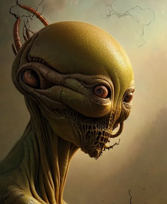Prompt: intricate earth - toned portrait of a disturbing alien insect creature, mottling coloring, adorable, childlike, overgrown environment, ultra realistic, concept art, maximalist, photorealistic, octane render, 8 k, unreal engine. art by christopher marley and artgerm and greg rutkowski and alphonse mucha