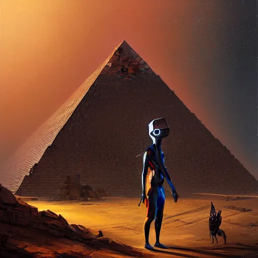 Image similar to a dogon cyberpunk hacker and the pyramid portal by greg rutkowski and android jones in a surreal portrait style, oil on canvas, 8k resolution