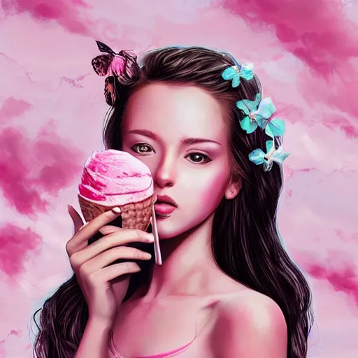 Image similar to beautiful girl eat a pink ice cream on nature background, acrilic paint, digital, artstation, detailed intricate ink illustration, heavenly atmosphere, digital art, overdetailed art, concept art, complementing colors, trending on artstation, cgstudio, the most beautiful image ever created, dramatic, subtle, details, award winning artwork, beautiful scenery