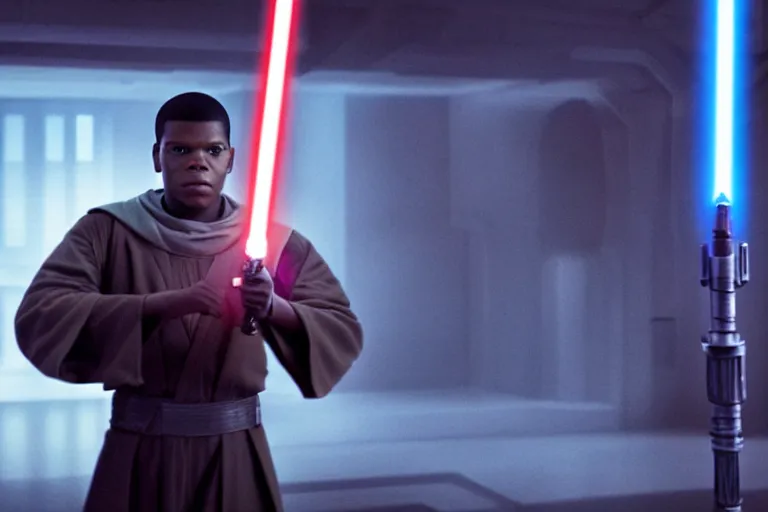 Image similar to Star Wars, Finn played by John Boyega wears jedi robes and wields lightsaber standing alone, full body shot, ultra realistic, 4K, movie still, UHD, sharp, detailed, cinematic, render